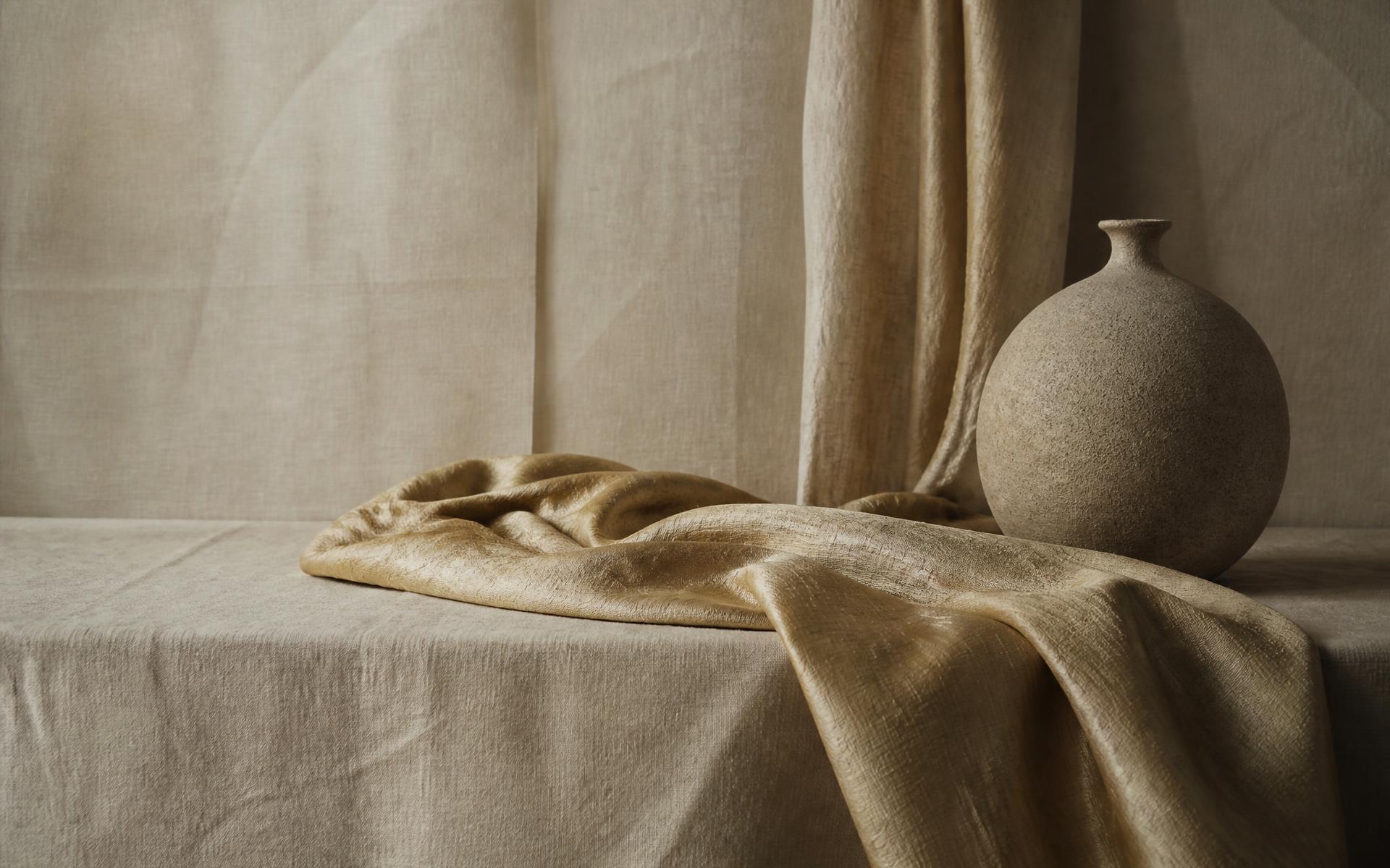 Draped raw silk and an unglazed stoneware vessel in warm daylight